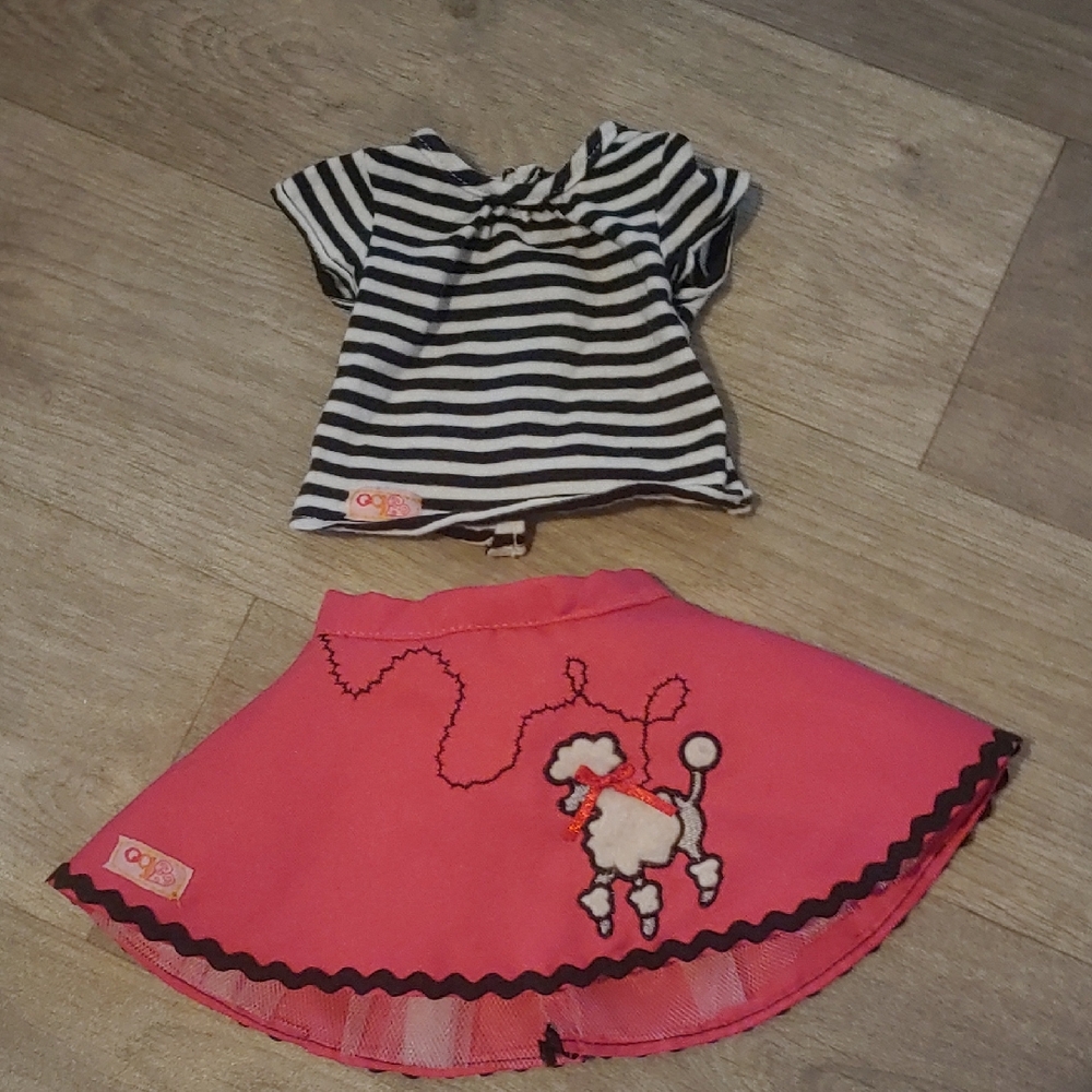 Our Generation 18 Inch Doll Striped Black and White Top with Pink Poodle Skirt